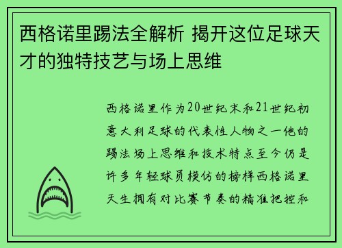西格诺里踢法全解析 揭开这位足球天才的独特技艺与场上思维