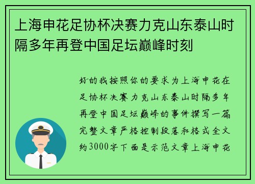 上海申花足协杯决赛力克山东泰山时隔多年再登中国足坛巅峰时刻